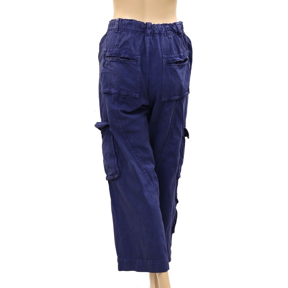 Free People Cargo Trousers Pants Low-Rise Denim Solid Smocked Cotton M 287663 - Picture 3 of 4